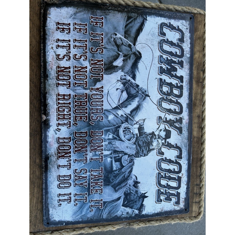 Cowboy Code Metal Tin Sign 12x18 Western Cowboy Horses Ranch Wall Decor